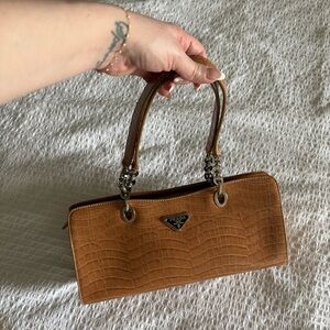 Prada Tan Croc-Embossed Shoulder Bag